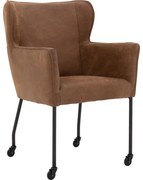 Goossens Excellent Eetkamerstoel Leogang bruin leer met armleuning en met wielenZwart skater wiel met zwarte kap, elegant chic