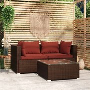 vidaXL 3-delige Loungeset met kussens poly rattan bruin