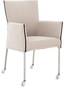 Goossens Eetkamerstoel Funk RVS Poten wit stof met armleuning en met wielenTransparant skater wiel met rvs kap, modern design