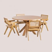 Ronde Eettafel Set Ø140 Cm In Mdf Pleven En 4 Stoelen Met Armleuningen Van Essenhout En Rotan Lali Natuurlijk Hout - Sklum