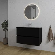 Adema Chaci Badkamermeubelset - 80x46x55cm - 1 keramische wasbak zwart - 1 kraangat - 2 lades - ronde spiegel met verlichting - mat zwart SW1212768/SW761655/SW108328