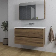 Adema Chaci Badkamermeubelset - 100x46x57cm - 1 keramische wasbak wit - zonder kraangaten - 2 lades - Spiegelkast - noten (hout) SW1212772/SW1212817/SW812073/SW773927