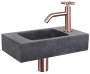 Differnz Force fonteinset - 40x22x9cm - Rechthoek - 1 kraangat - Gebogen rose koper kraan - kruisgreep - Natuursteen Zwart 38.400.45