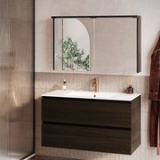 Fontana Rovigo badmeubel 100cm kasteel bruin met witte wastafel met kraangat en spiegelkast met verlichting