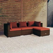 vidaXL 4-delige Loungeset met kussens poly rattan bruin