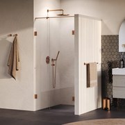 BRAUER Void Carving Nisdeur - 2-delig - 90x200cm - 60cm draaideur aan muur - glascoating - omkeerbaar - helder glas - geborsteld koper PVD GS-VOCN2H6030200GK