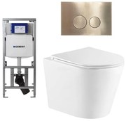 QeramiQ Dely Toiletset - 36.3x51.7cm - diepspoel - rimless - Geberit UP320 inbouwreservoir - softclose toiletzitting - geborsteld messing bedieningsplaat - ronde knoppen - wit glans SW543431/0701131/SW706200