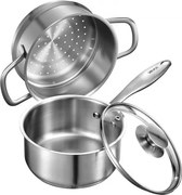 VEVOR Kookpot Grote Capaciteit 1,42 L met Glazen Deksel &amp; Stoomlaag, Soeppan Groentepan met Ergonomische Handgreep, Melkpan Gemaakt van Roestvrij Staal Groentepan Zilver Vaatwasmachinebestendige Sauspan