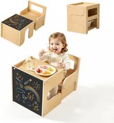 VEVOR Montessori tafel- en stoelenset, kinderzitgroep, houten kindermeubels, opstapje met krijtbord en opbergruimte, ideaal voor peuters van 1-5 jaar om te eten, tekenen, lezen en spelen.