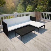 vidaXL 3-delige Loungeset met kussens poly rattan zwart