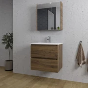 Adema Chaci Badkamermeubelset - 60x46x57cm - 1 keramische wasbak wit - 1 kraangat - 2 lades - Spiegelkast - noten (hout) SW1212815/SW1212758/SW812073/SW804530