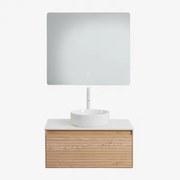 Tedrik Badkamermeubelset In Essenhout Ash Brown & Rond Keramiek Wit Ø40 Cm Lenka & Rechthoekige Led En Anticondens 80x70 Cm Gualar & Wit - Sklum
