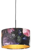 Stoffen Hanglamp met velours kap bloemen met goud 35 cm - Combi Klassiek / Antiek E27 cilinder / rond rond Binnenverlichting Lamp