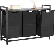 VEVOR Wasmand met houten tafelblad, wassorteerder met 3 uitschuifbare zakken (600D Oxford-stof) en metalen frame, wassorteersysteem voor vuile was Badkamer Zwart