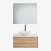 Tedrik Badkamermeubelset In Essenhout Ash Brown & Rond Cement Wit Ø40 Cm Zavion & Rechthoekige Led En Anticondens 80x70 Cm Gualar & Zwart - Sklum