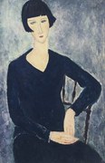 Kunstreproductie Young woman with a fringe or young seated woman in blue dress, Modigliani, Amedeo