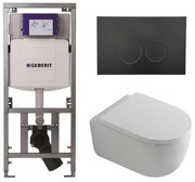 QeramiQ Dely Swirl Toiletset - 36.3x51.7cm - Geberit UP320 Burda inbouwreservoir - 35mm zitting - mat zwarte bedieningsplaat - ronde knoppen - wit glans 0701131/SW706188/SW1000767/SW1026256