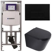 QeramiQ Dely Toiletset - 36.3x51.7cm - diepspoel - rimless - Geberit UP320 inbouwreservoir - softclose toilet zitting 35 mm - metaal mat zwarte bedieningsplaat - rechthoekige knoppen - mat zwart SW1026253/SW1000769/0701131/SW706193