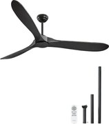 VEVOR 180 cm plafondventilator zonder licht, 6-snelheden afstandsbediening, 3 houten bladen, omkeerbare DC-motor, buitenventilator voor slaapkamer, woonkamer, terras, binnen/buiten, zwart
