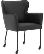 Goossens Excellent Eetkamerstoel Leogang zwart leer met armleuning en Zwart skater wiel met zwarte kapmet wielen, elegant chic