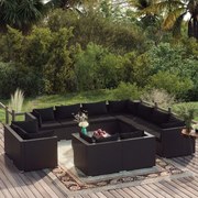 vidaXL 12-delige Loungeset met kussens poly rattan zwart