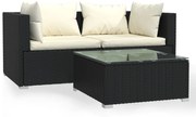 vidaXL 3-delige Loungeset met kussens poly rattan zwart