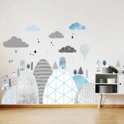 INSPIO Blauwe stickers op de muur van heuvels en huizen