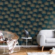 DUTCH WALLCOVERINGS Behang Leaves petrol en goudkleurig