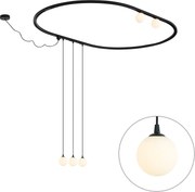 Modern ovaal railsysteem zwart met 3 hanglampen en 2 plafondlampen wit 1-fase - Iconic Perle