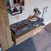 Mondiaz Alan DLux badmeubel 130cm washed oak 1 lade met wastafel lava links zonder kraangat