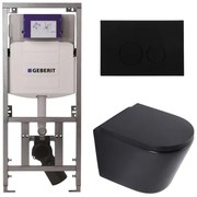 QeramiQ Dely Toiletset - 36.3x51.7cm - diepspoel - rimless - Geberit UP320 inbouwreservoir - softclose toilet zitting 35 mm - kunststof mat zwarte bedieningsplaat - ronde knoppen - mat zwart SW1026253/SW1000769/0701131/SW706188