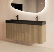 Gliss Design Hybris badmeubel met ribbelfront 120cm corn silk met zwarte wastafel met 2 kraangaten Lako