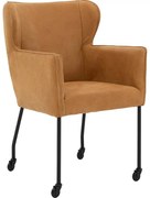 Goossens Excellent Eetkamerstoel Leogang cognac leer met armleuning en Zwart skater wiel met zwarte kapmet wielen, elegant chic