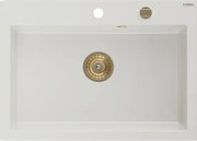 Mexen Elix granieten spoelbak 1-komerig 700 x 500 mm, wit, gouden sifon - 6526701005-20-G