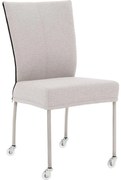 Goossens Eetkamerstoel Funk RVS Poten lichtgrijs stof leuning en Transparant skater wiel met rvs kapmet wielen, modern design