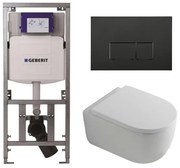 QeramiQ Dely Swirl Toiletset - 36.3x51.7cm - Geberit UP320 inbouwreservoir - met Burda frame - 35mm zitting - mat zwarte bedieningsplaat - rechthoekige knoppen - wit mat SW1000767/Sw1026257/0701131/SW706189