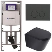 QeramiQ Dely Toiletset - 36.3x51.7cm - diepspoel - rimless - Geberit UP320 inbouwreservoir - softclose toilet zitting 35 mm - bedieningsplaat mat antraciet - ronde knoppen - mat zwart SW1026253/SW1000769/0701131/SW1102376