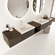 Mondiaz Bukla 240cm badmeubel met open module 40 midden Dark Brown met 4 lades wastafel Cloud dubbel 2 kraangaten Talc