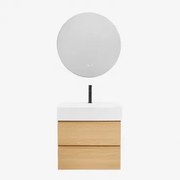 Ona Zwevend Badkamermeubelset Van Hout En Essenfineer Met Geïntegreerde Wastafel Natuurlijk Hout & Round Led And Antifog Ø70 Cm Riben - Sklum