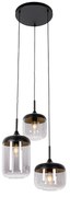 Hanglamp zwart met goud en smoke glas 3-lichts rond - Kyan