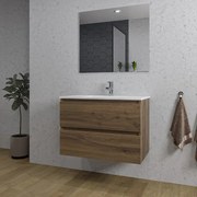 Adema Chaci Badkamermeubelset - 80x46x55cm - 1 keramische wasbak wit - 1 kraangat - 2 lades - rechthoekige spiegel - noten (hout) SW1212764/SW804531/SW724611