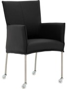 Goossens Eetkamerstoel Funk RVS Poten zwart leer met armleuning en Transparant skater wiel met rvs kapmet wielen, modern design