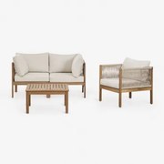 Woonkamerset Met 2-delige Modulaire Bank Met Armleuningen, Fauteuil En Salontafel In Branson Acaciahout Gardenia Wit & Acacia Bruin - Sklum