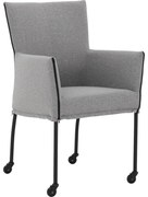 Goossens Eetkamerstoel Funk Zwarte Poten grijs stof met armleuning en Zwart skater wiel met zwarte kapmet wielen, modern design