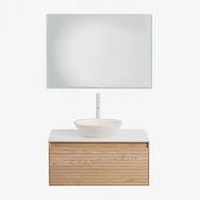 Tedrik Badkamermeubelset In Essenhout Ash Brown & Rond Cement Wit Ø40 Cm Zavion & Rechthoekige Led En Anticondens 100x70 Cm Tamsin & Wit - Sklum