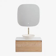 Tedrik Badkamermeubelset In Essenhout Ash Brown & Rond Cement Wit Ø40 Cm Zavion & Vierkant Led En Anticondens 75x75 Cm Tobie & Goud - Sklum