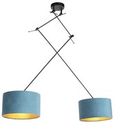 Hanglamp zwart met velours kappen blauw met goud 35 cm 2-lichts - Blitz