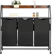 VEVOR Wasmand Wassorteerder met 3 compartimenten (600D Oxford-stof) en houten tafelblad, wasverzamelaar op wielen met ladderplanken, wasscheider Wassorteersysteem voor vuile was