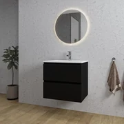 Adema Chaci Badkamermeubelset - 60x46x57cm - 1 keramische wasbak wit - 1 kraangat - 2 lades - ronde spiegel met verlichting - mat zwart SW1212760/SW804530/SW108325