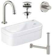 GROHE Euro fonteinset 37x18cm 1 kraangat zonder overloop gebogen super steel kraan sifon afvoerplug handdoekhaak fontein Rechthoek wit sw97640/sw197129/sw228380/sw438965/sw444108/